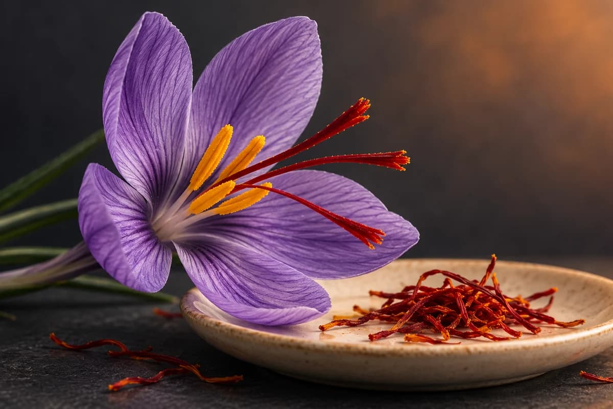 Original saffron crocus illustration with three red stigma branches beside dried red threads, distinguishing the spice plant from a studied supplement extract.