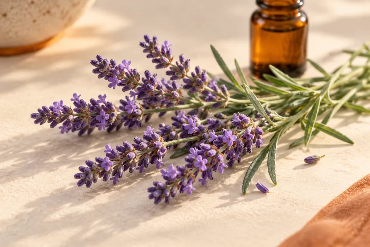 Original illustrative lavender flowering sprigs beside an unlabelled amber vial; product form, concentration and treatment benefit are not depicted.