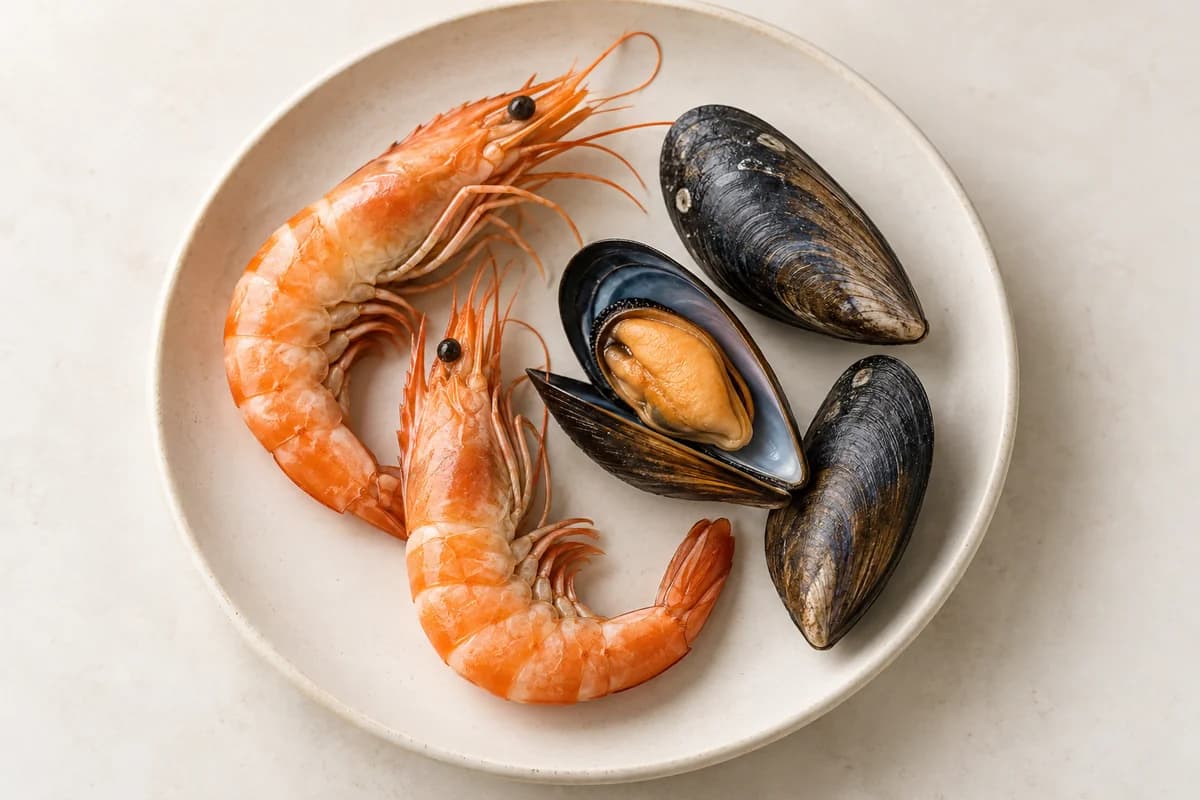 Illustrative overhead plate of prawns and mussels, dietary taurine sources; no taurine amount, supplement-dose equivalence or anti-aging benefit is shown.