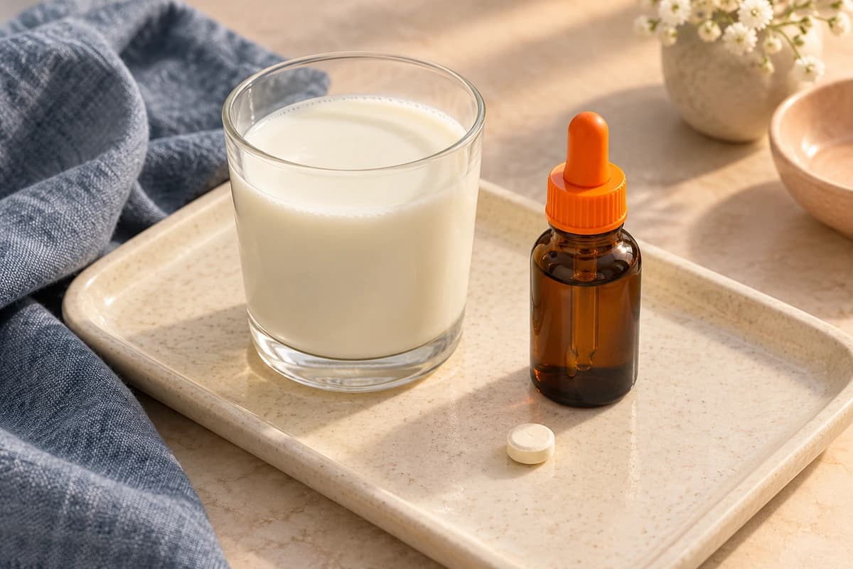 Original illustration of a milk glass, an unbranded dropper bottle and one unmarked tablet on an ivory tray, representing lactase product formats without implying allergy protection.