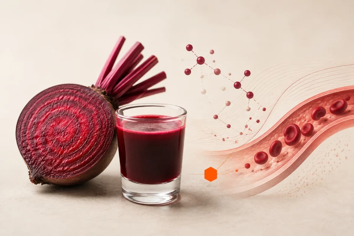 Beetroot juice and extract shown beside a nitrate label, exercise equipment and a blood-pressure cuff.