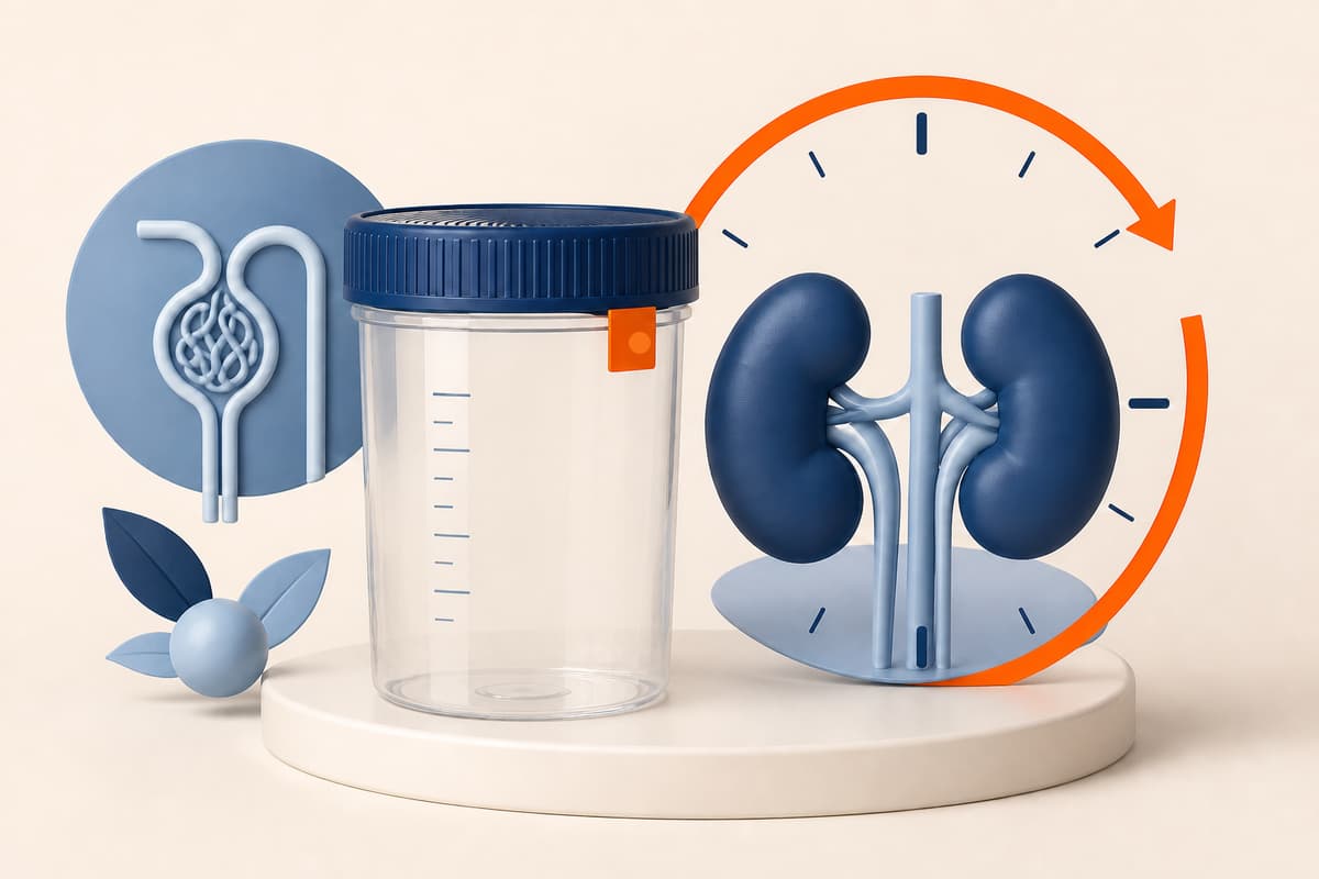 An empty collection container beside kidneys, a filtration motif and an orange 24-hour clock