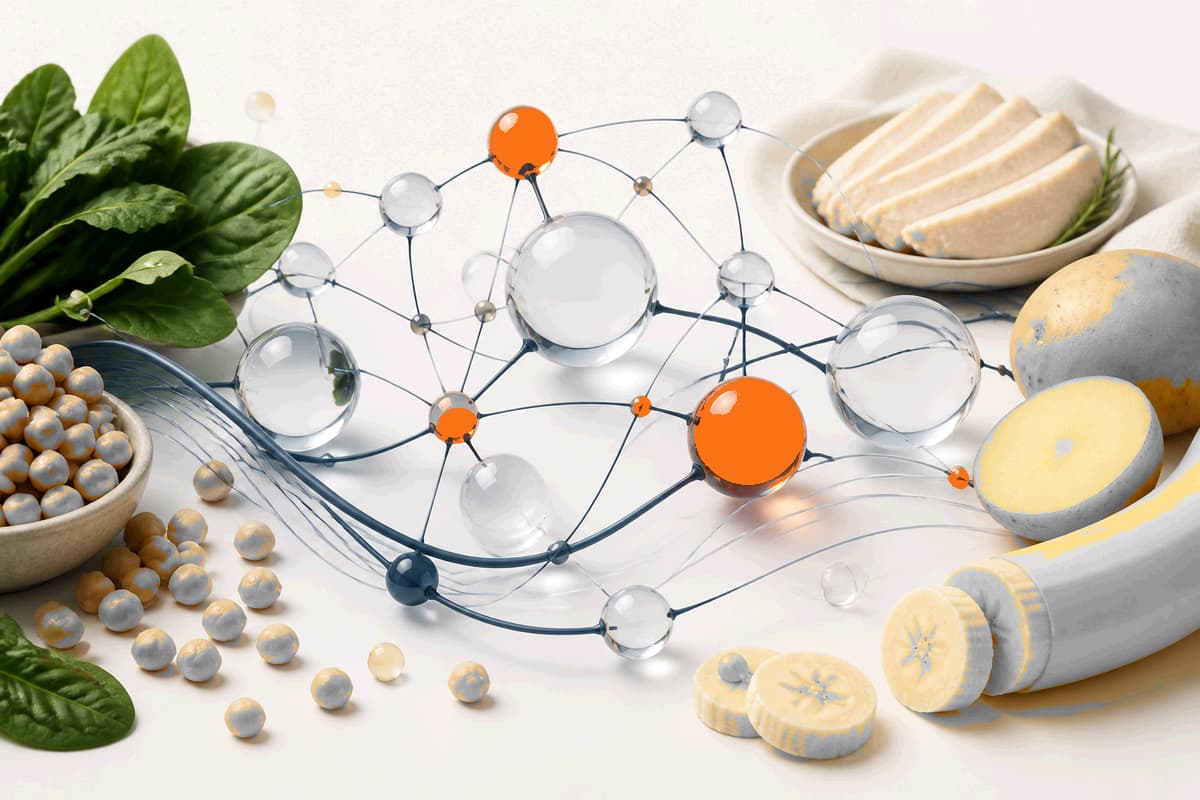 Abstract orange and navy evidence network surrounded by chickpeas, leafy greens, poultry, potato and banana