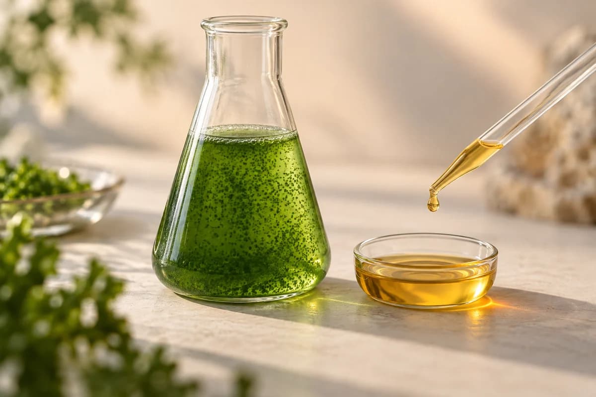 Microalgae in a cultivation flask beside a drop of golden algal oil, illustrating the source of algal DHA.