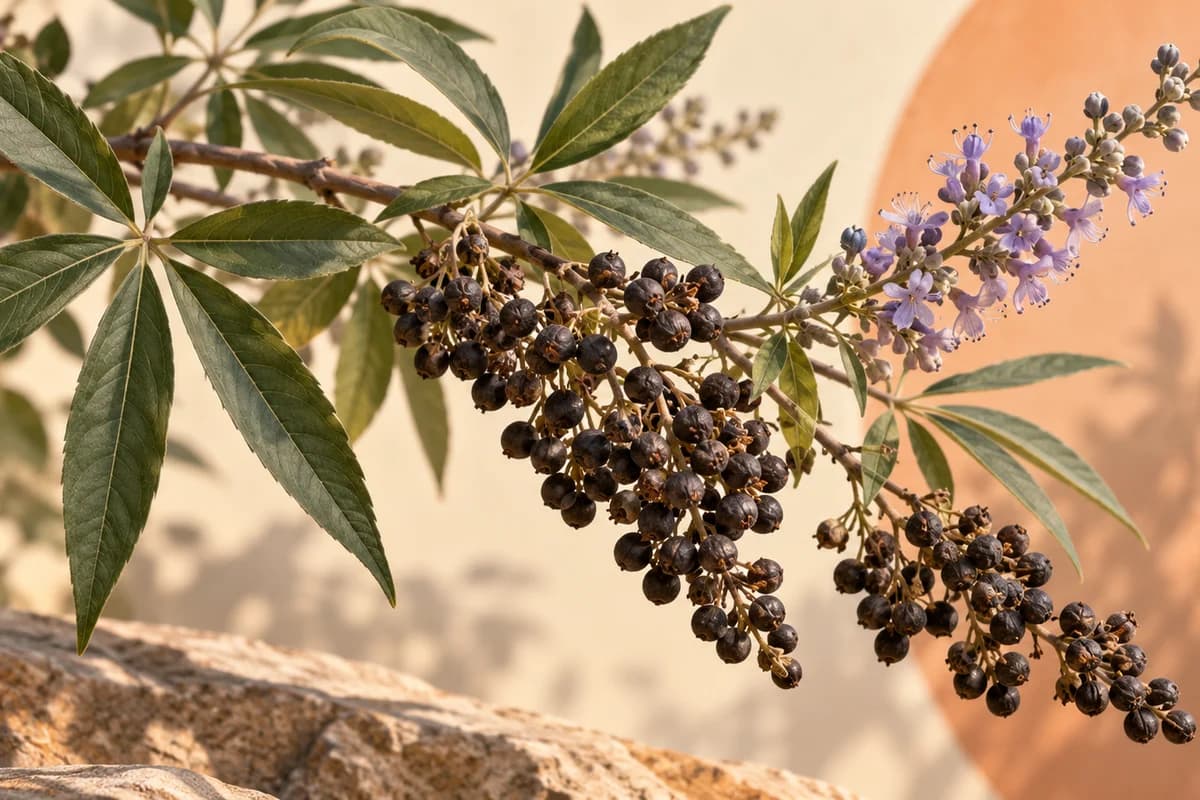Original botanical illustration of chasteberry fruit, lavender flowers and palmate leaves; it does not depict a standardized extract or hormone effect.