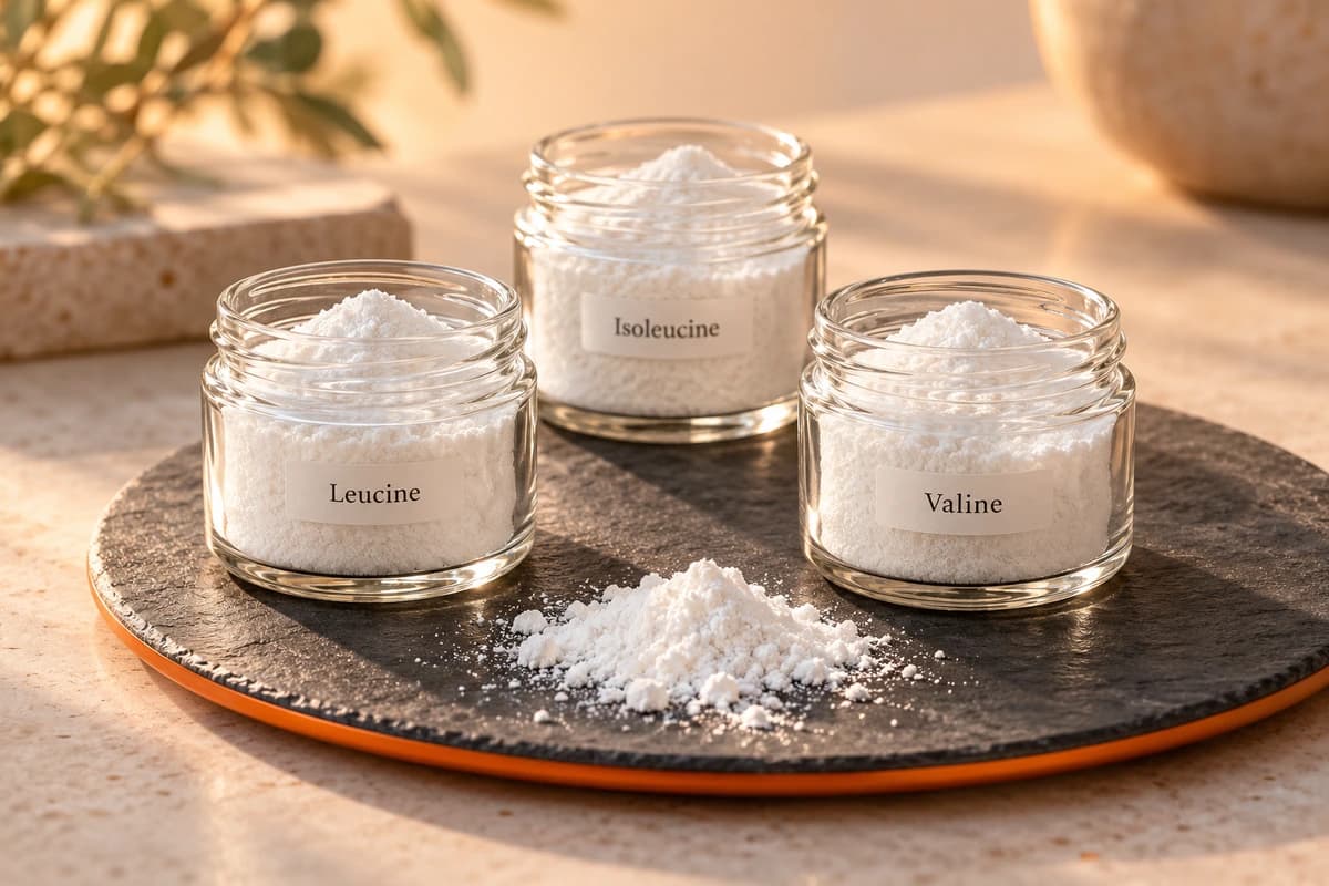 Original ingredient illustration of three powder jars labelled leucine, isoleucine and valine, the three BCAAs; their arrangement does not indicate an intake or ingredient ratio.
