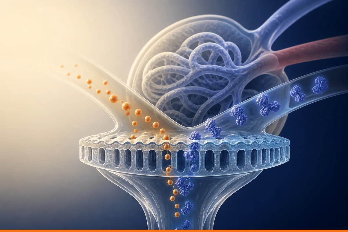 A translucent kidney filtration model with two flowing biomarker streams, one labelled visually by a small orange molecular accent and no text