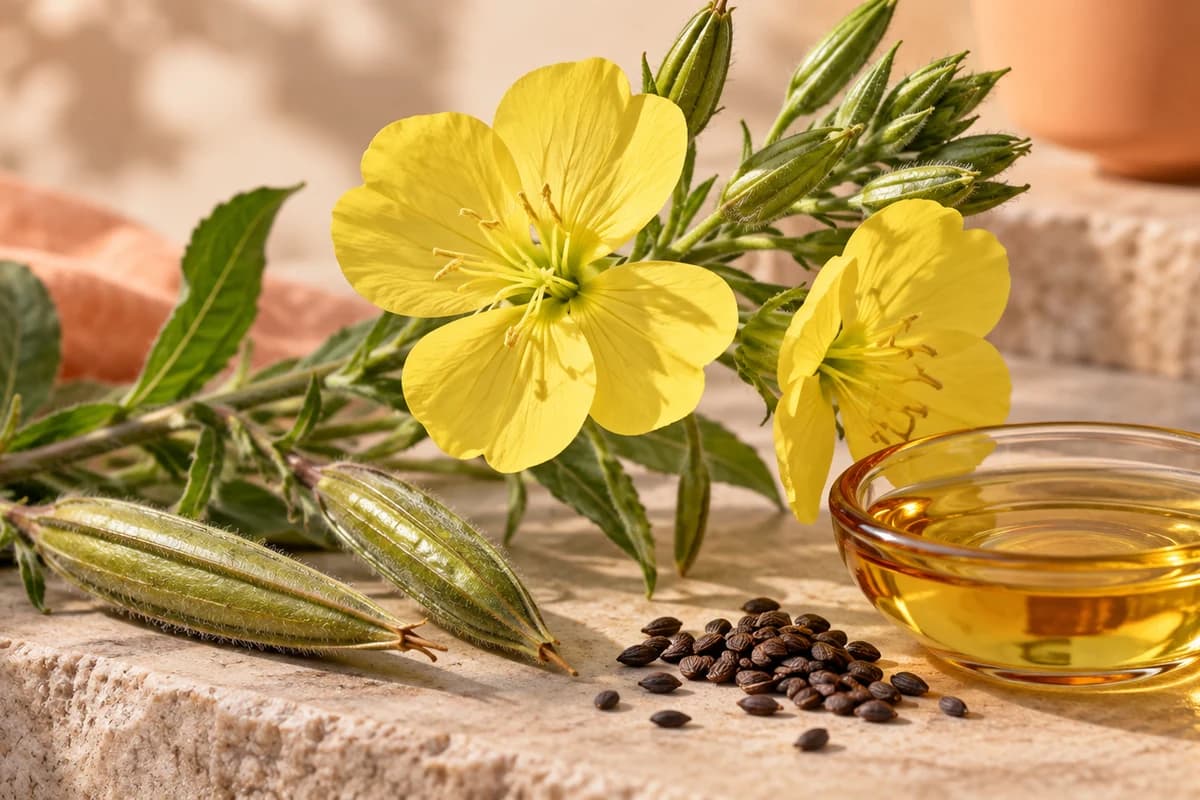 Yellow four-petalled evening primrose flowers, long seed pods and dark seeds beside a glass dish of golden seed oil.