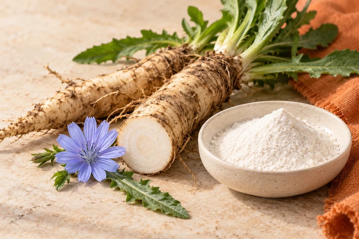Original illustration of chicory roots, a blue chicory flower and a bowl of white inulin powder; no product dose or benefit is implied.