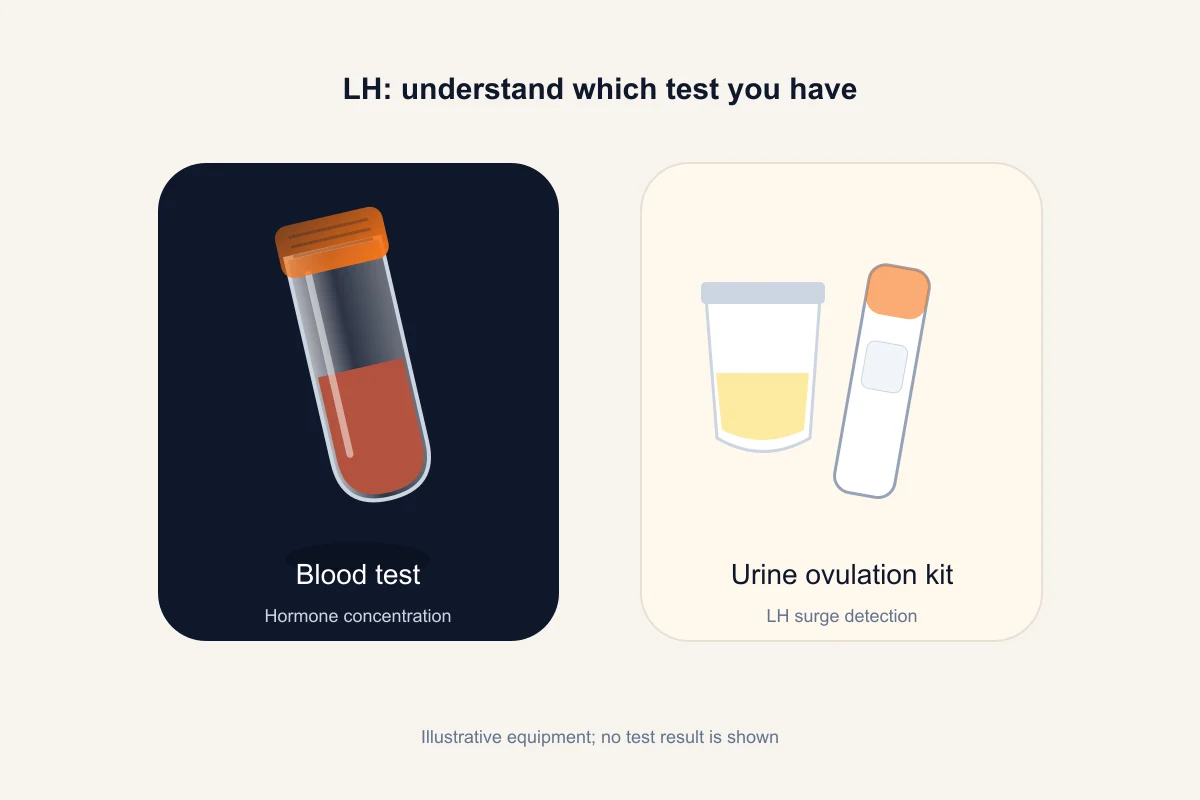 Conceptual blood sample and unused urine ovulation kit, distinguishing an LH concentration test from surge detection; no positive or negative result is shown.