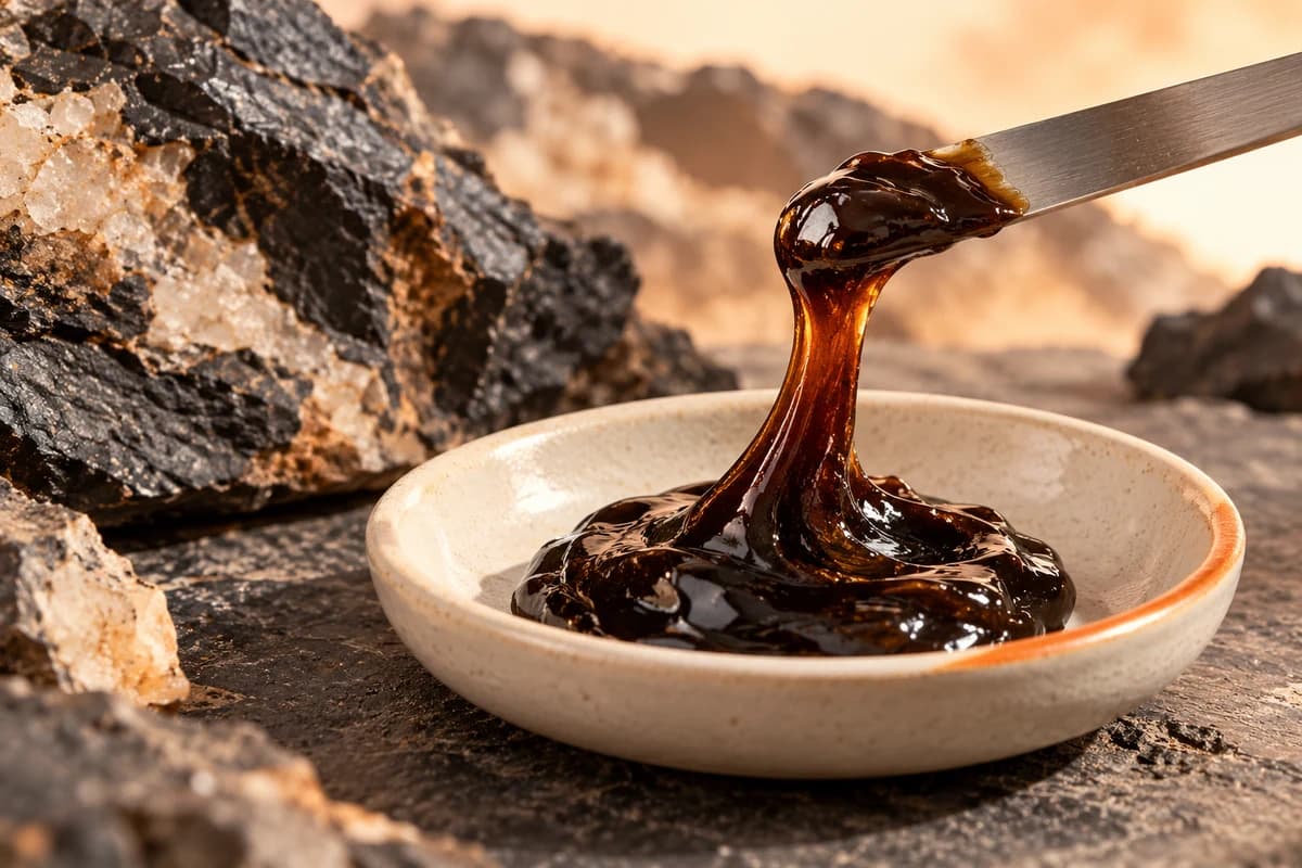 Original ingredient illustration of dark glossy shilajit resin lifted with a spatula beside mineral rock; appearance does not establish purification or contaminant safety.