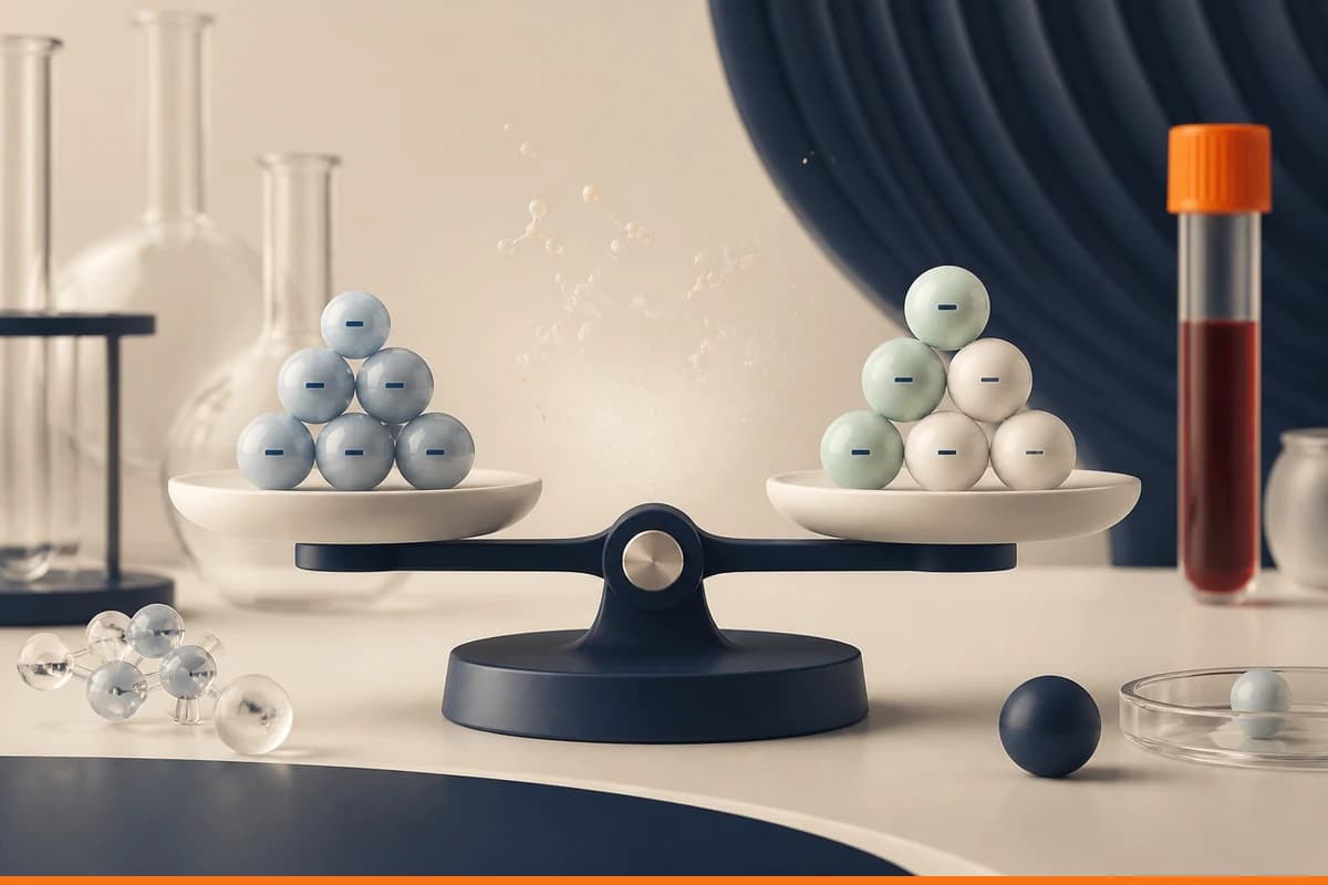 Balanced laboratory scene comparing charged particles with an open space for unmeasured ions and one orange blood-tube accent