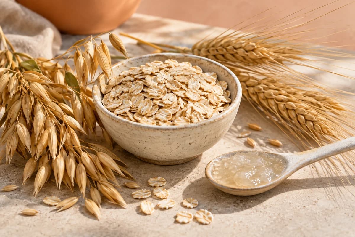 Rolled oats with oat panicles and barley heads, the grain sources of oat and barley beta-glucan.