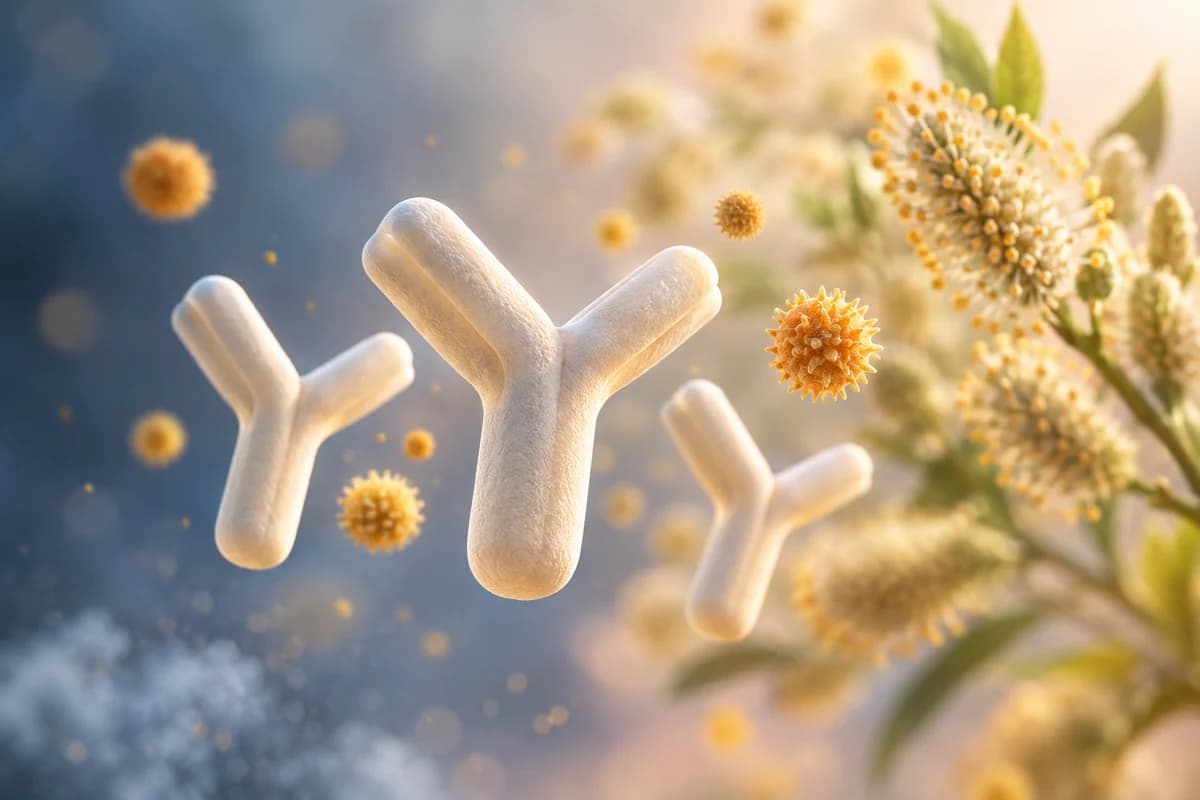 Conceptual illustration of simplified Y-shaped antibodies and pollen grains; not a molecular model, measured IgE level or allergy-severity result.