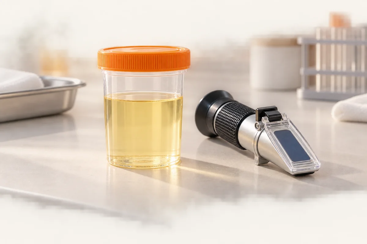 Conceptual clinical photograph of a urine specimen cup and refractometer; no test value is shown.