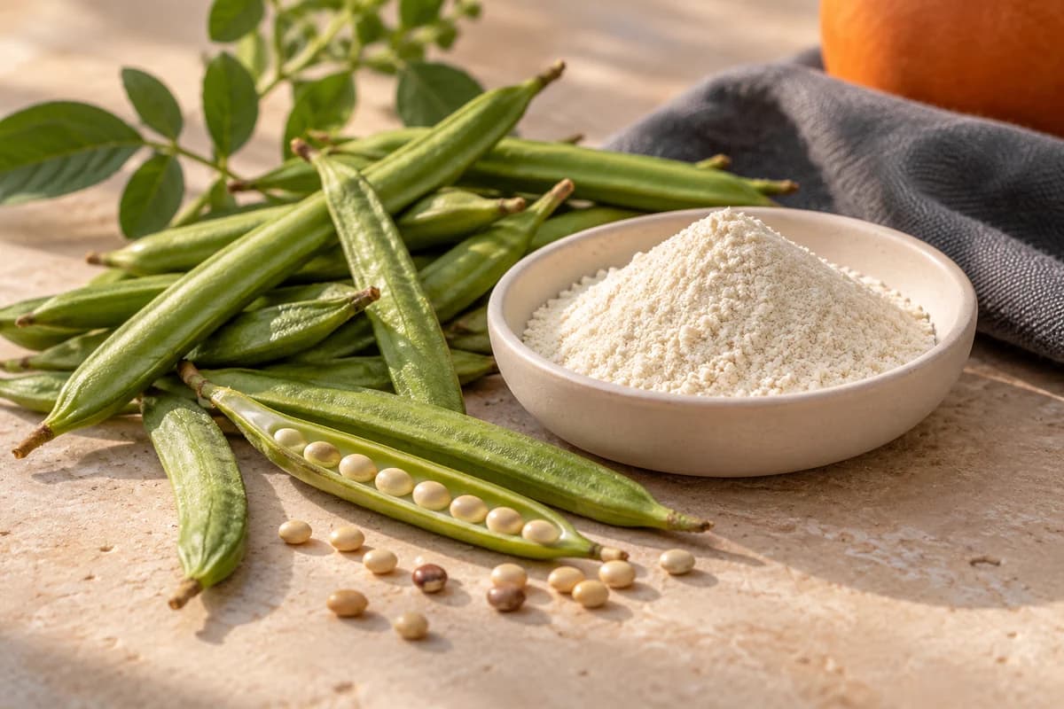 Generated ingredient illustration of guar pods and seeds beside pale powder, showing the plant source of PHGG rather than a verified product or processing step.