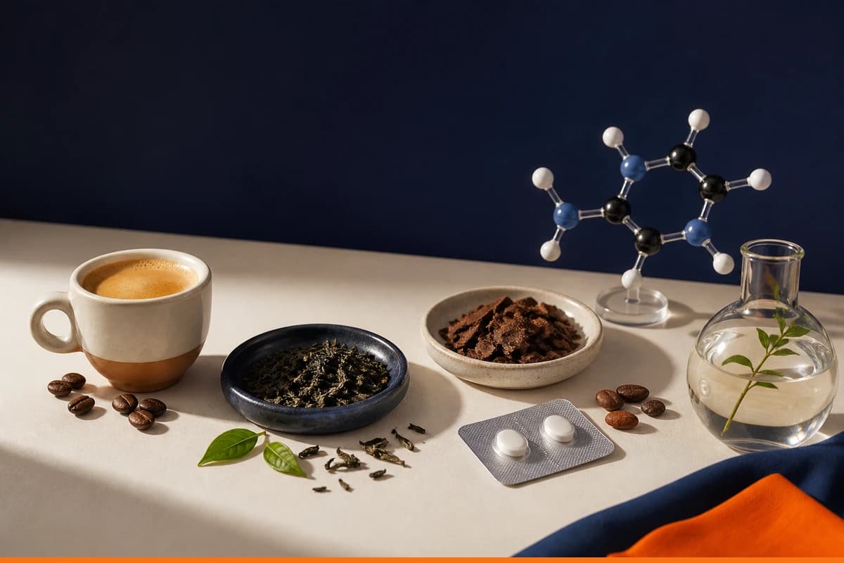 Unbranded coffee, tea, cocoa and caffeine tablets arranged with a molecular model and one orange fabric accent