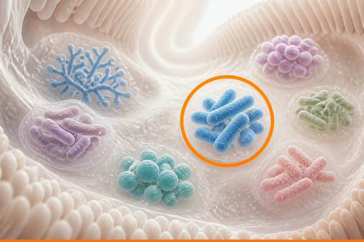 Distinct probiotic microbe colonies in a softly implied intestinal pathway with one strain highlighted by an orange ring