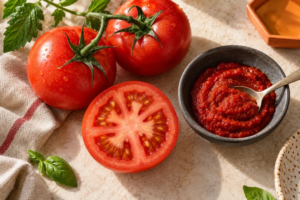 Illustrative still life of fresh tomatoes, a cut tomato and tomato puree, dietary lycopene sources; no capsule equivalence or disease-prevention claim is shown.