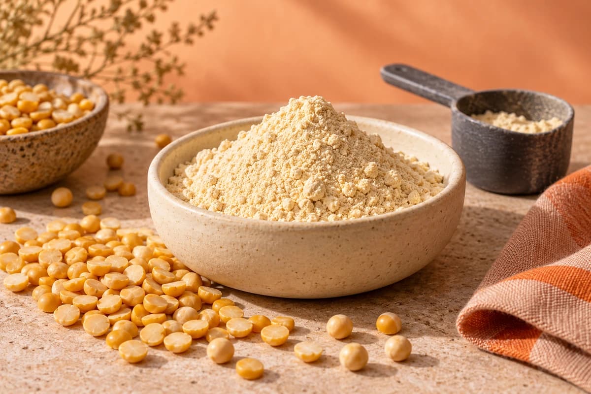 Original illustration of pale pea protein powder in a ceramic bowl with dried yellow split peas and a slate scoop; the pictured quantity is not a recommended serving.