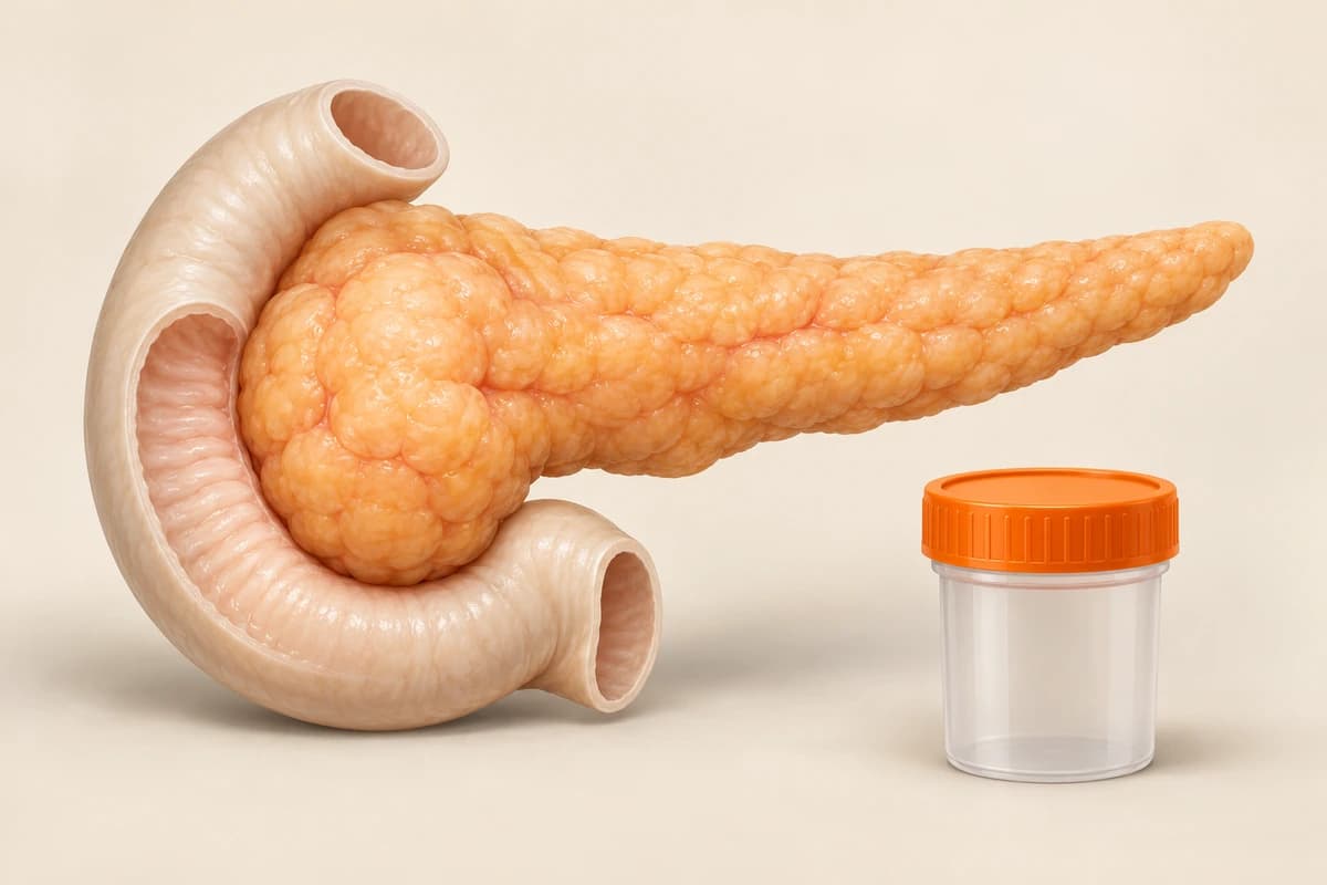 Schematic illustration of a peach pancreas with its head within a C-shaped duodenum beside a closed stool collection pot, linking pancreatic enzyme output to a stool test.