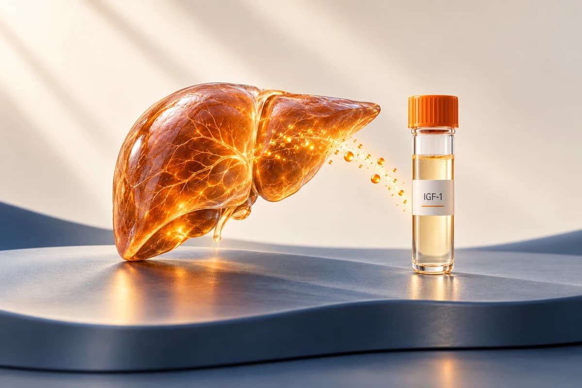 Conceptual illustration of liver production context beside an IGF-1-labelled serum sample; the particle arc and liver sculpture are symbols, not a measured hormone result, exact anatomy or protein structure.