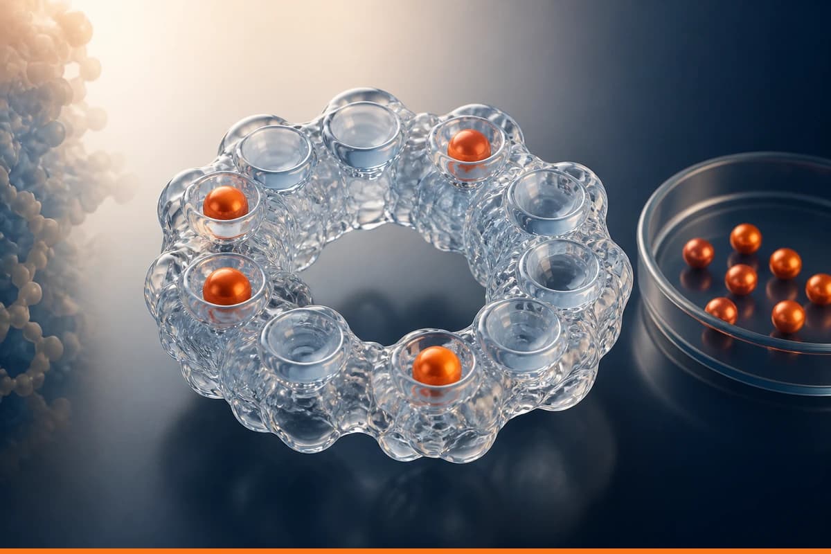 A stylised transferrin carrier holding several iron spheres beside a percentage dial and a single exact orange accent, without text