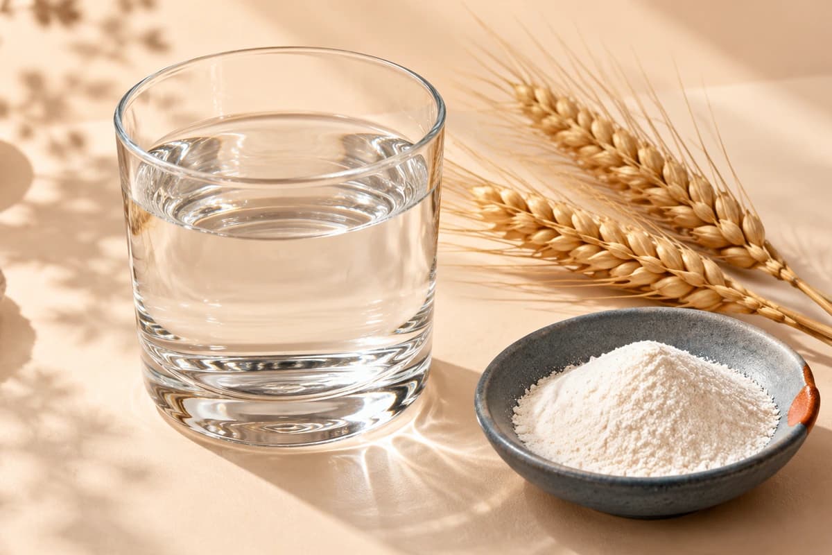 Original illustration of a clear water glass beside fine wheat dextrin powder in a slate dish with wheat ears in the background; no dose, dissolved concentration or health result is depicted.
