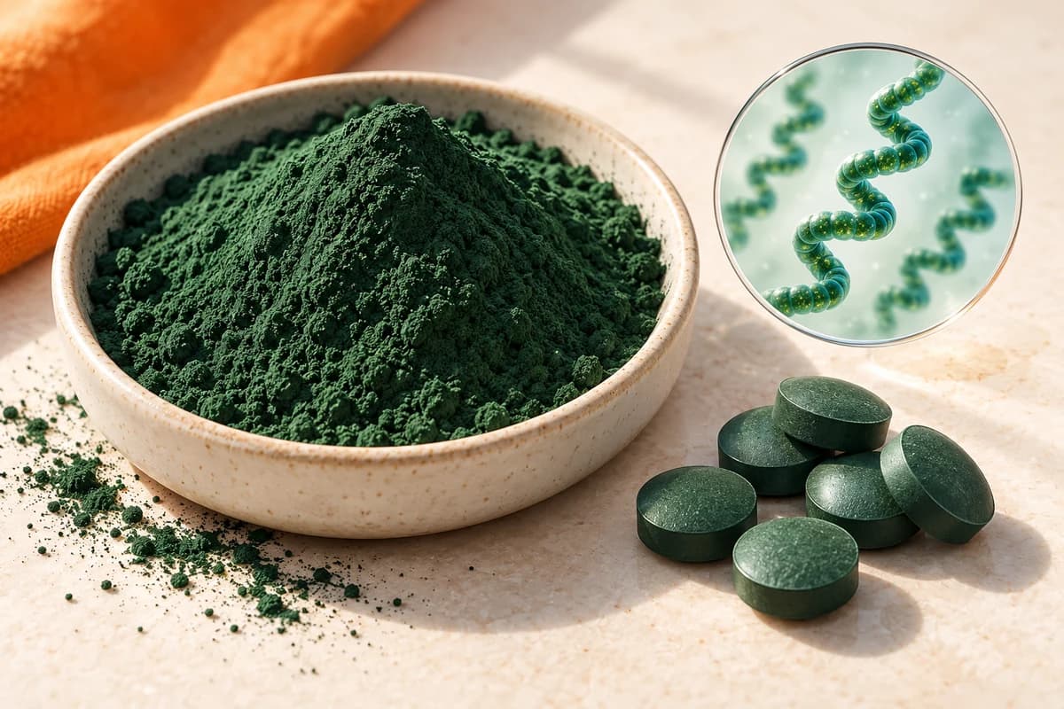 Original illustration of green whole-spirulina powder and tablets with a conceptual inset of coiled cyanobacterial filaments; the inset is not a measured micrograph.