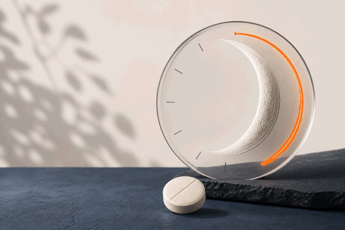 Unbranded pale melatonin tablet beside a translucent circadian clock and moon arc on cream and deep navy surfaces with bright LongevityMate orange highlights