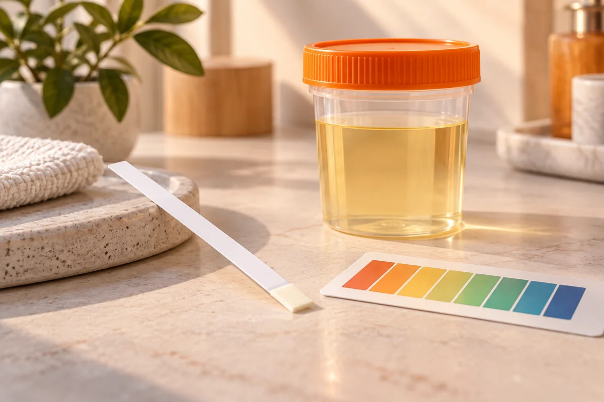 Conceptual urine pH dipstick beside a colour guide and specimen cup; no result is shown.
