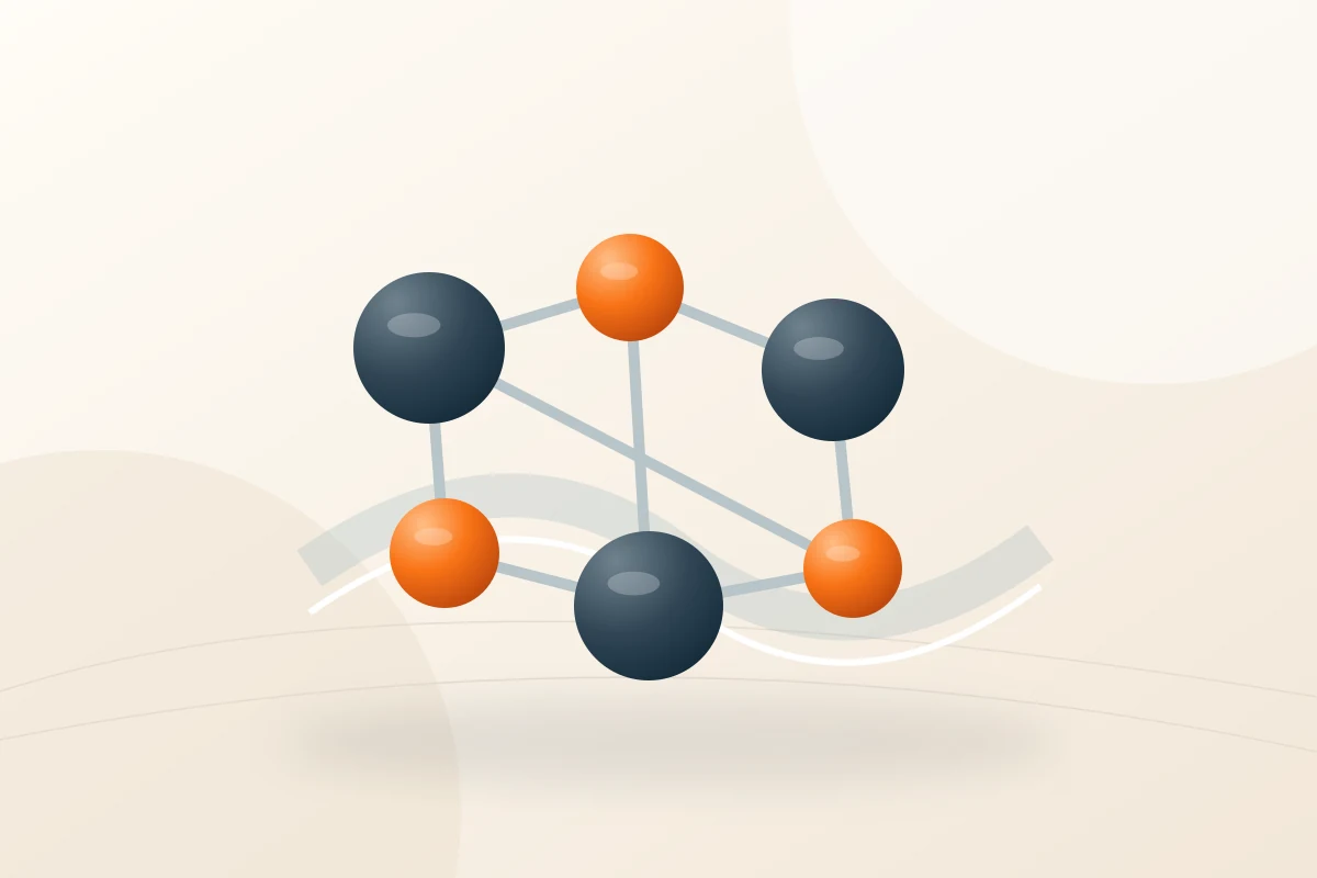 Abstract scientific illustration of electrolyte particles and fluid pathways in cream, deep slate and orange, with no embedded text