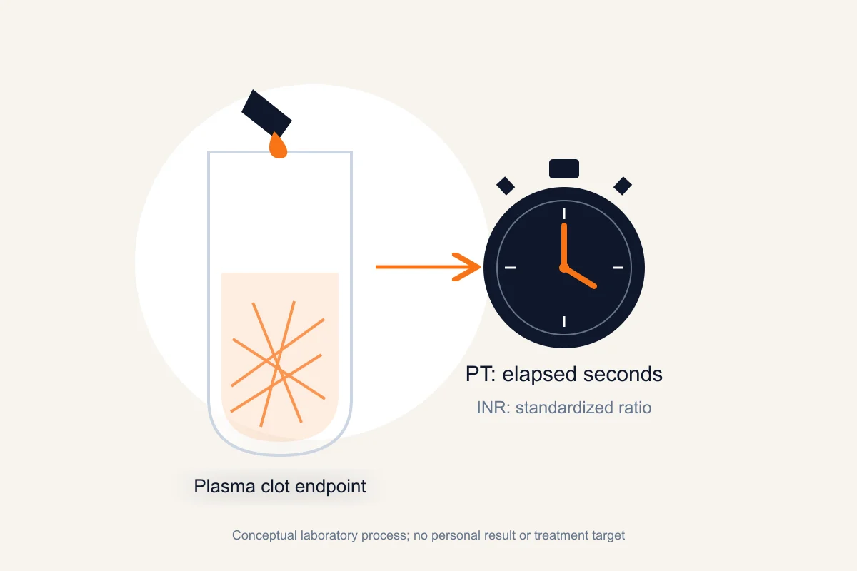 Conceptual plasma sample forming fibrin beside a timer, distinguishing PT elapsed seconds from the standardized INR ratio; no patient value is shown.