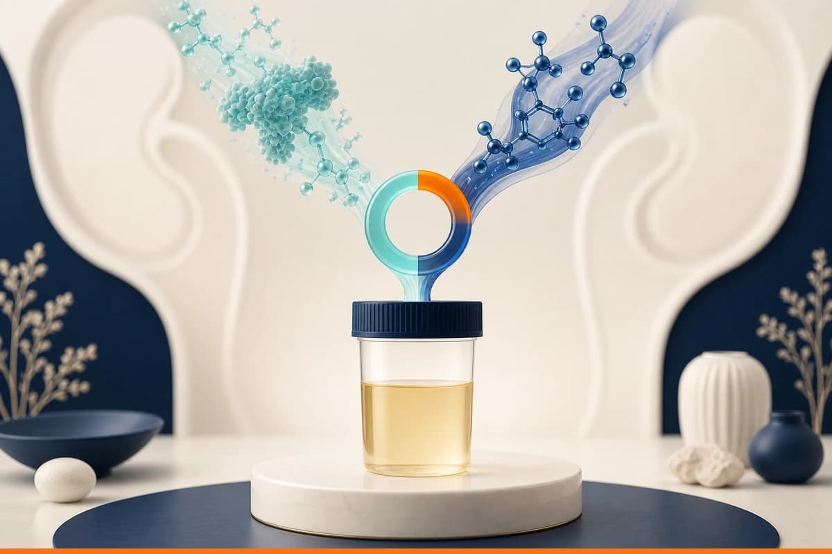 Laboratory urine specimen with separate albumin and creatinine molecular streams meeting in a ratio ring with one orange segment