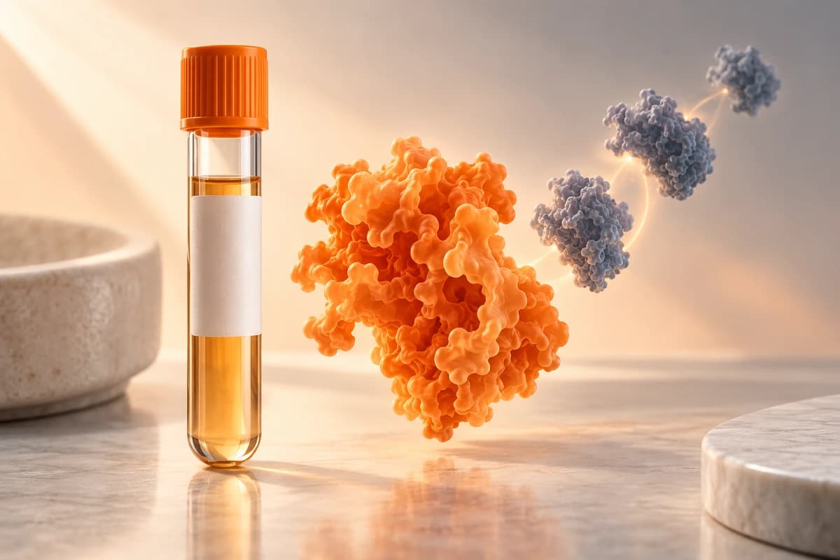Conceptual illustration of a serum sample tube beside an orange folded complement protein and smaller slate cascade proteins; the shapes are not an exact molecular structure or a blood result.