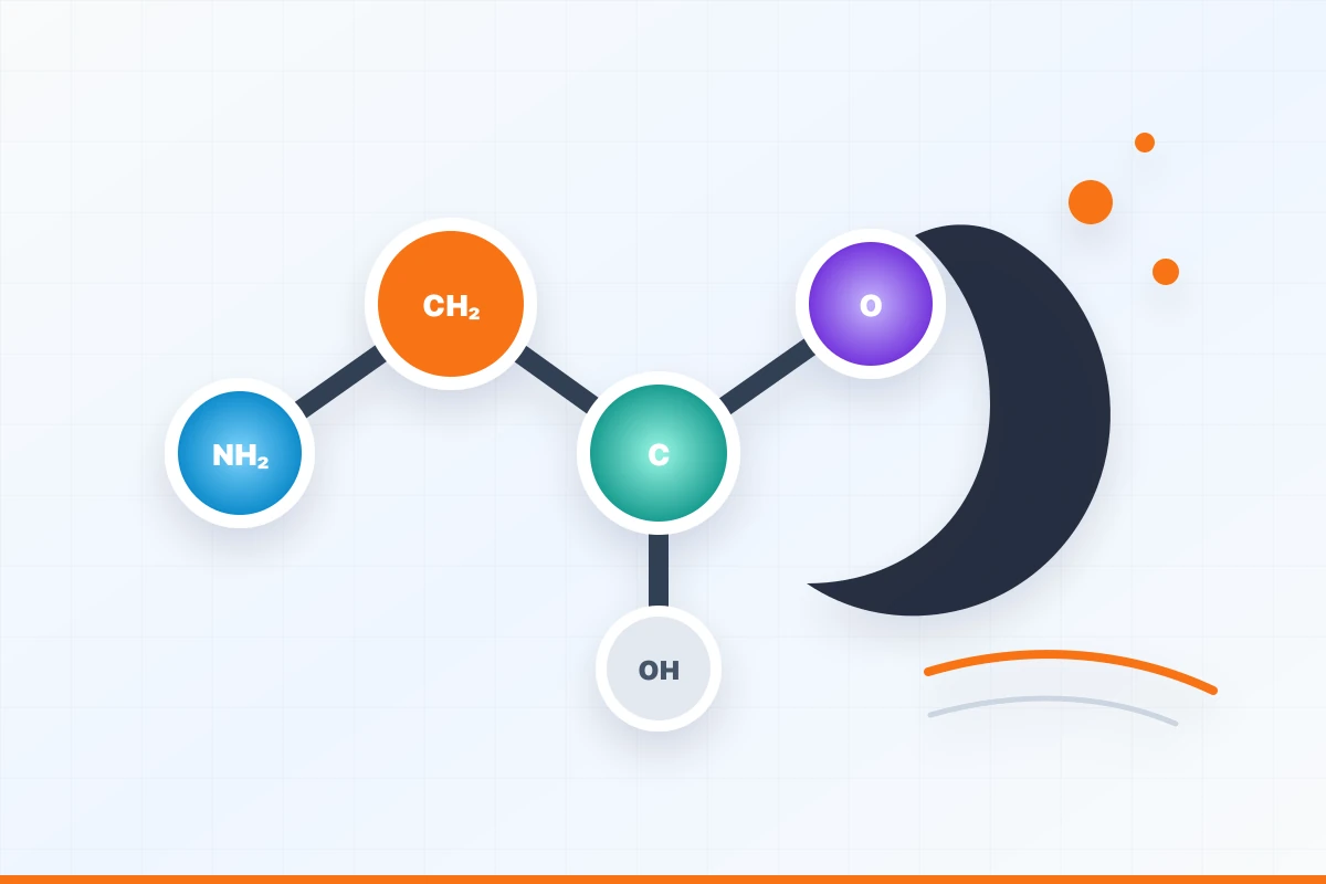 A labelled glycine molecular structure beside a dark sleep crescent and an orange evidence arc