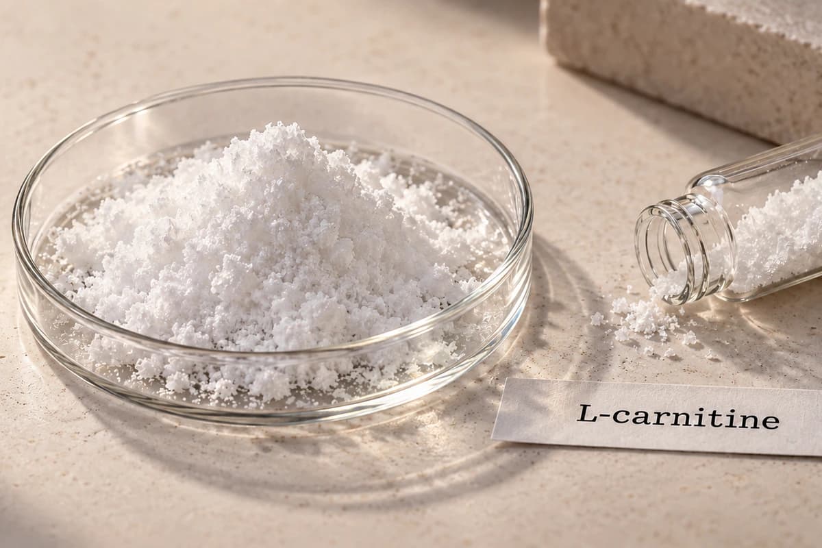Original photograph-style illustration of labelled L-carnitine crystals, without a product or dose.