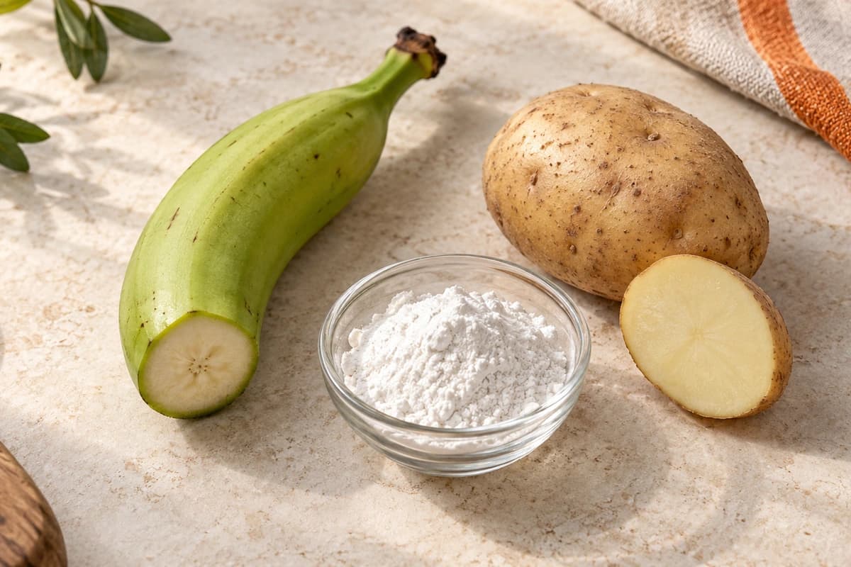 Original ingredient illustration of a green banana, raw potato and plain starch powder; it depicts source ingredients, not measured resistant-starch content or advice to eat raw potato.