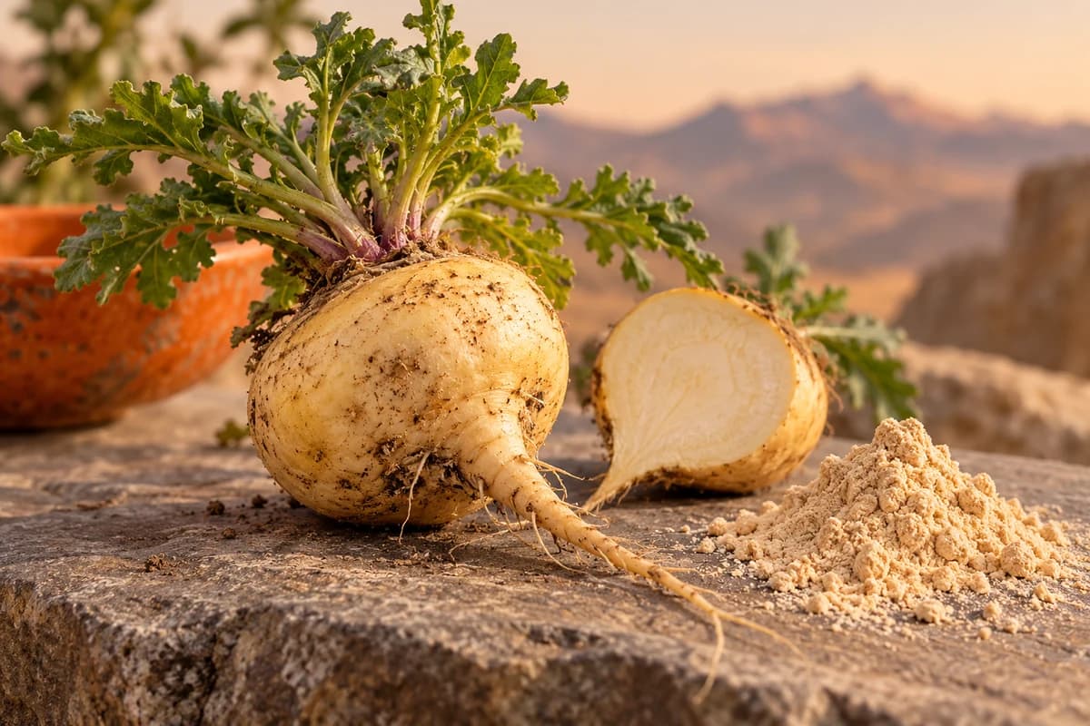 Original botanical illustration of a pale maca root with fine rootlets, a cut root and tan root powder on stone; no serving amount is shown.