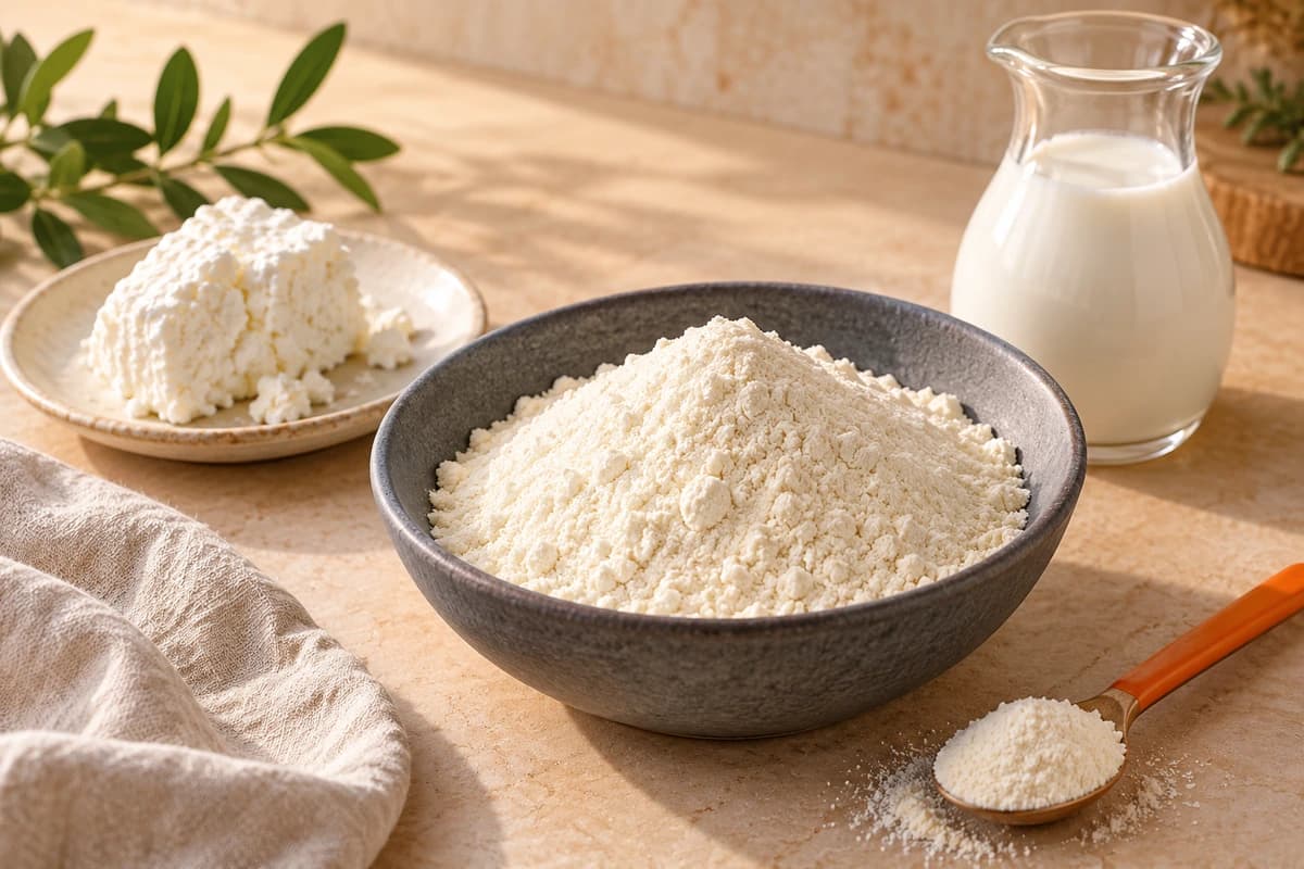 Original illustration of milk, milk curds and white casein protein powder in a slate bowl, showing its milk origin without a product claim.