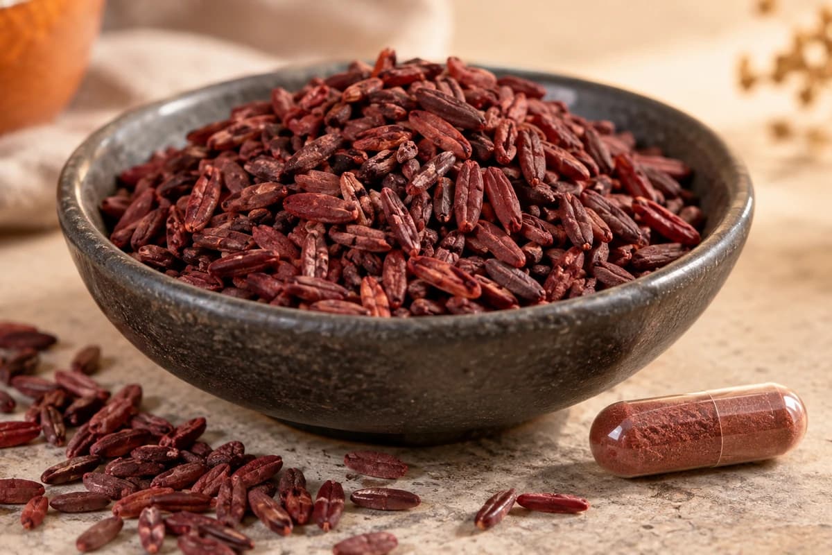 Original illustration of red fermented rice grains and an unlabelled capsule; no product strength, dose or safety is implied.