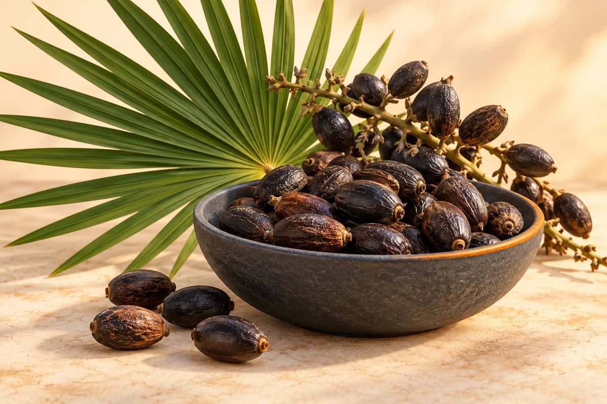 Original generated ingredient illustration of dark saw-palmetto fruit in a slate bowl with a fan-shaped palmetto leaf; not a verified specimen, purity test, dose or proof of benefit.