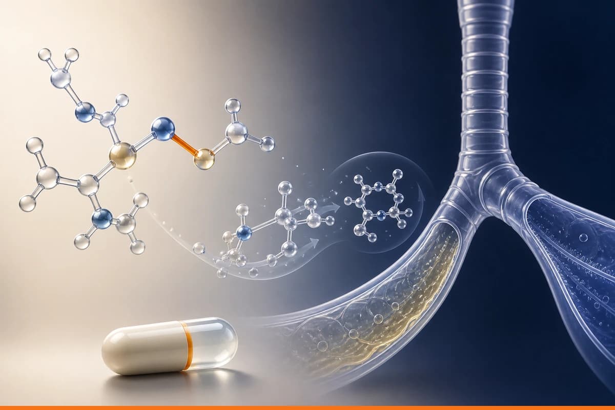 A clean molecular model of N-acetylcysteine beside a translucent airway and glutathione pathway with one precise orange bond accent, without text