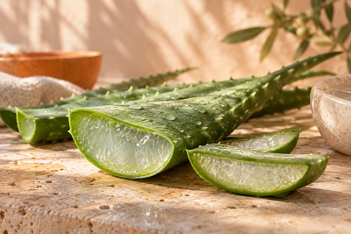 Cut aloe vera leaves showing clear inner gel and green outer rind.