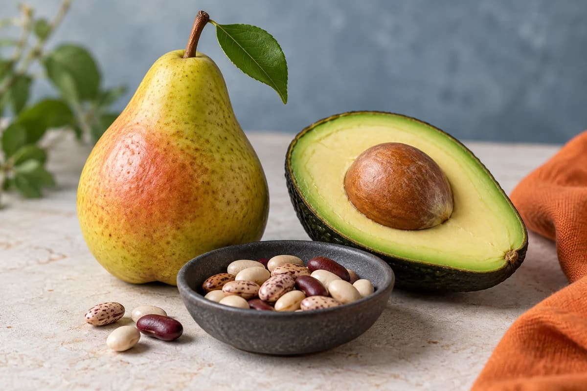 Illustrative still life of a pear, avocado and beans, representative dietary boron sources; no supplement dose or health benefit is depicted.