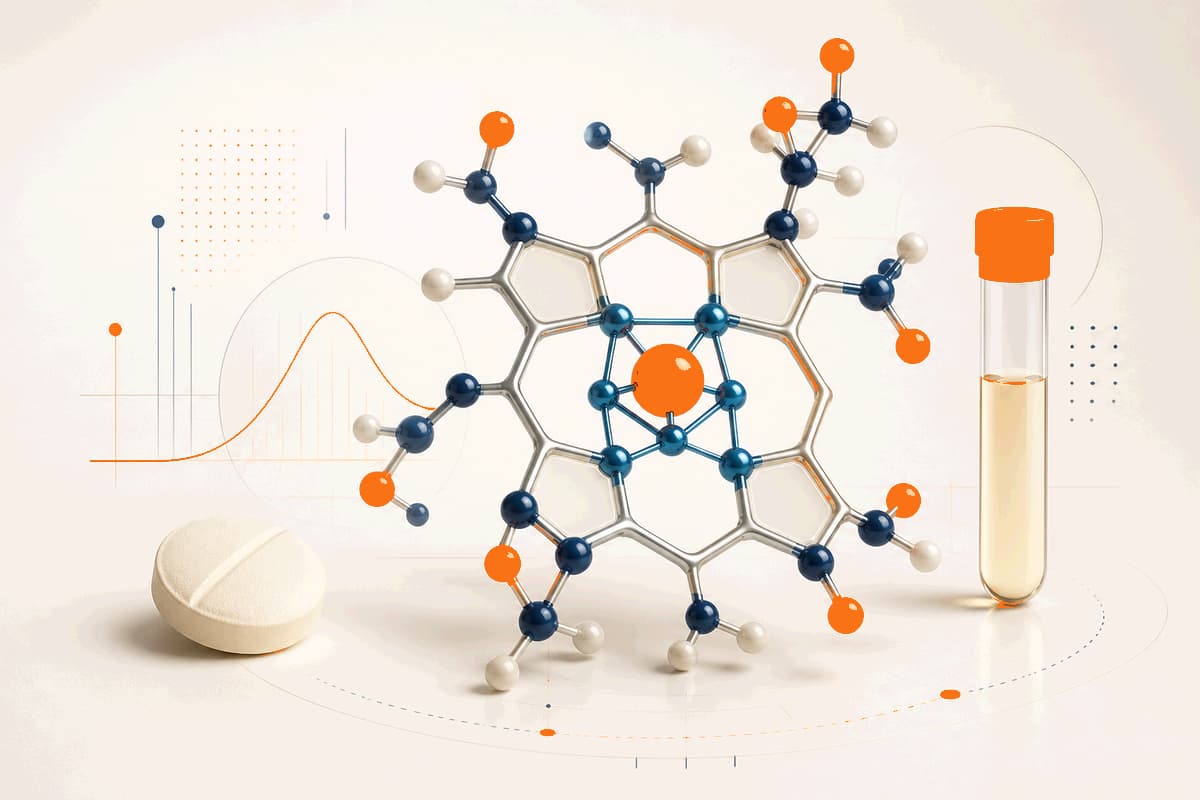 An unbranded vitamin B12 tablet, abstract cobalamin structure and biomarker sample in exact LongevityMate orange, cream and navy