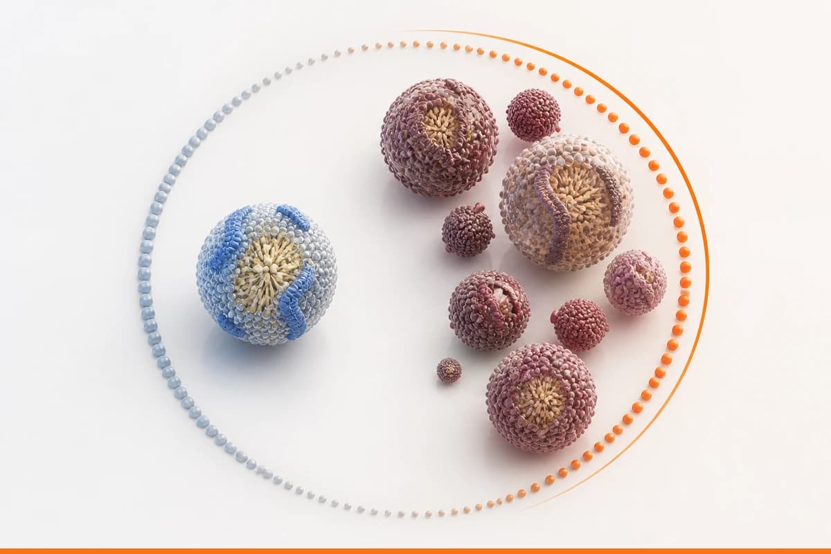 One blue HDL-like particle separated from a varied group of non-HDL lipoprotein particles inside a precise orange boundary
