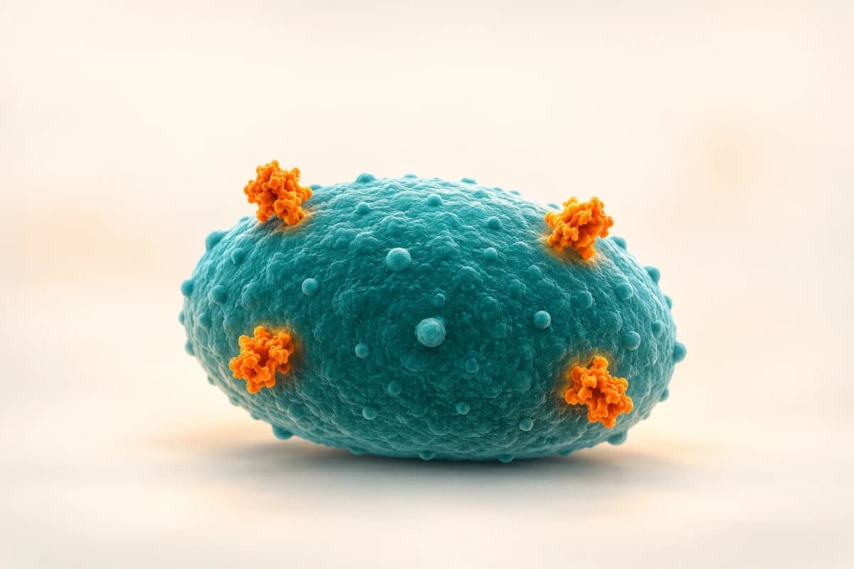 Conceptual illustration of orange complement-derived protein tags on a teal microbe-like surface; it is not a blood result or a literal molecular model.