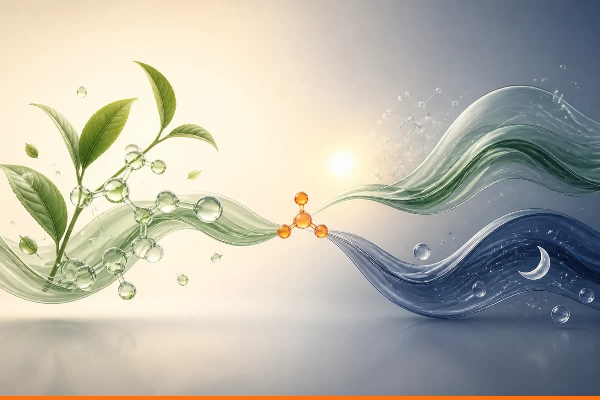 A tea leaf molecular motif flowing into calm daytime and night waves joined by one small orange molecular accent
