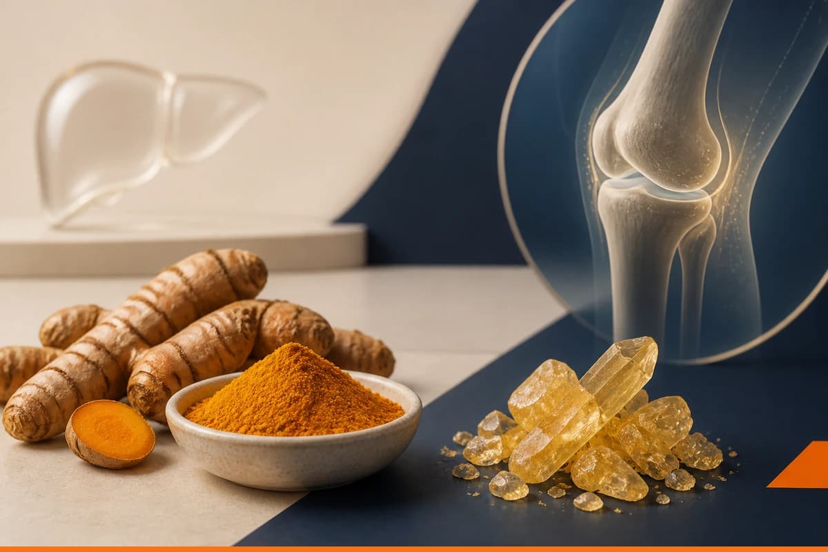 Fresh turmeric rhizome, golden curcumin crystals and a joint silhouette arranged on cream and navy surfaces with one exact orange accent, without text